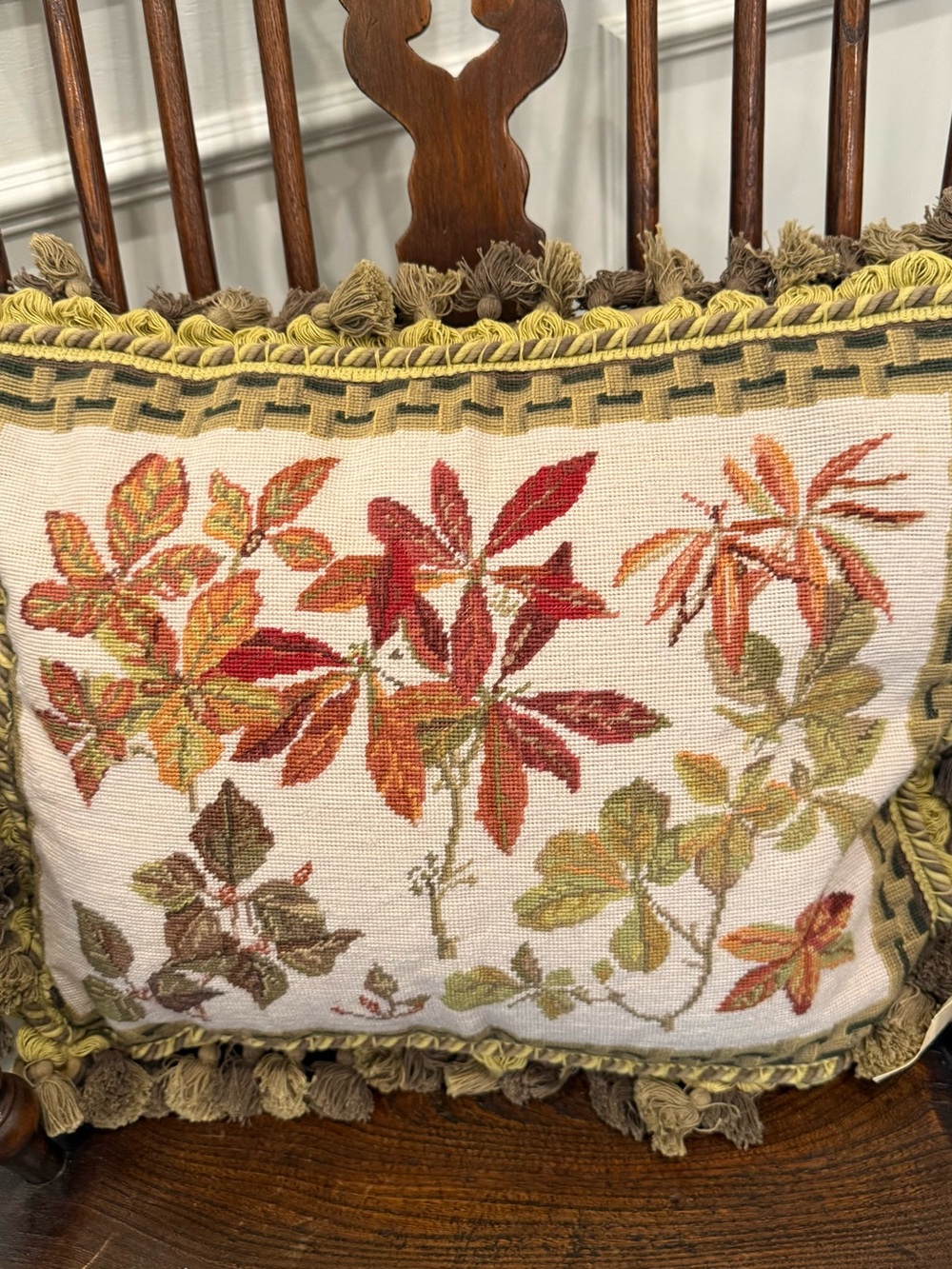 Autumn Leaf Handmade Needlepoint Accent Pillow with Fringe & Insert-14” x 19”
